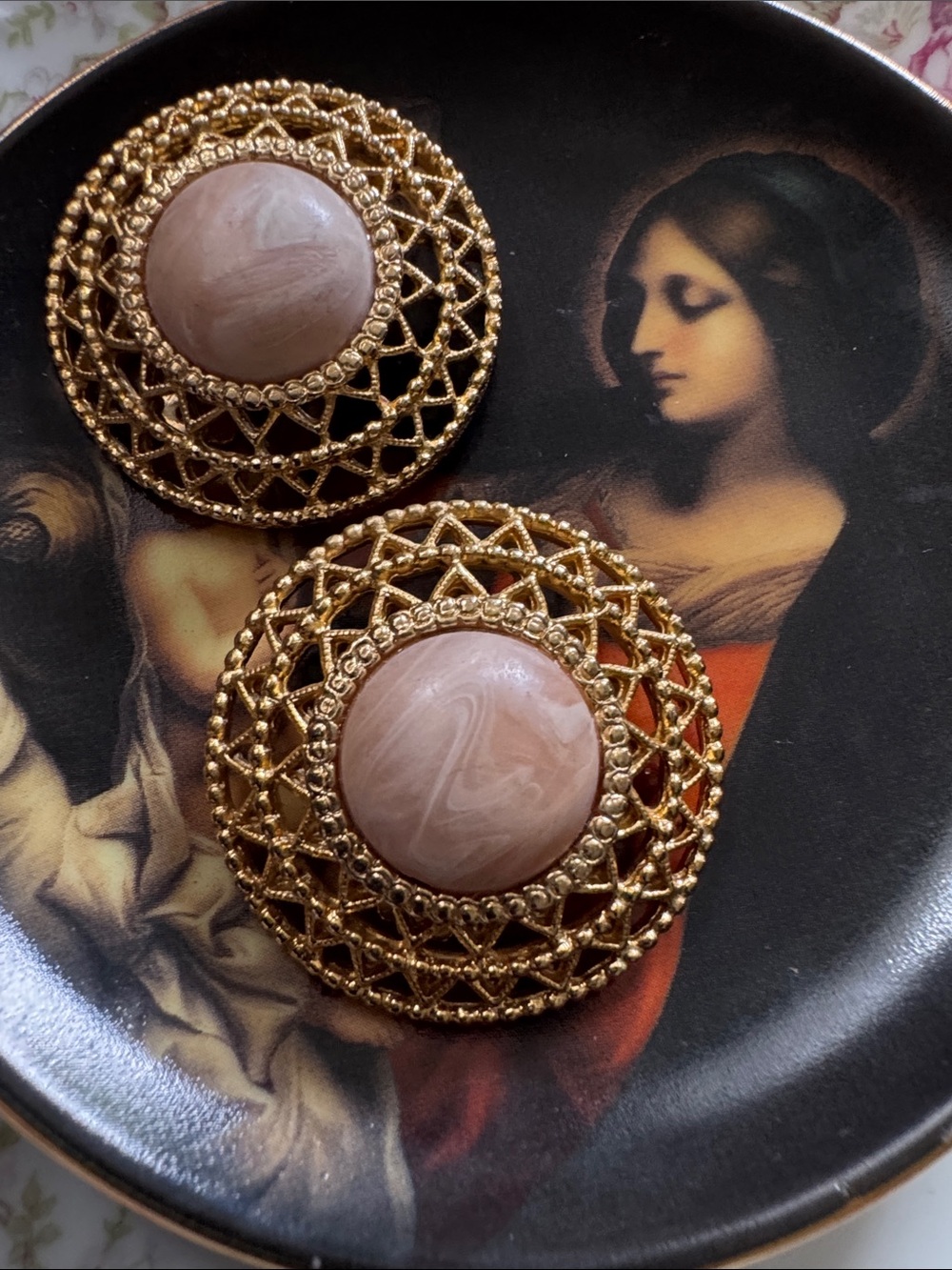 Gold Filigree Earrings with Blush Pink Center
